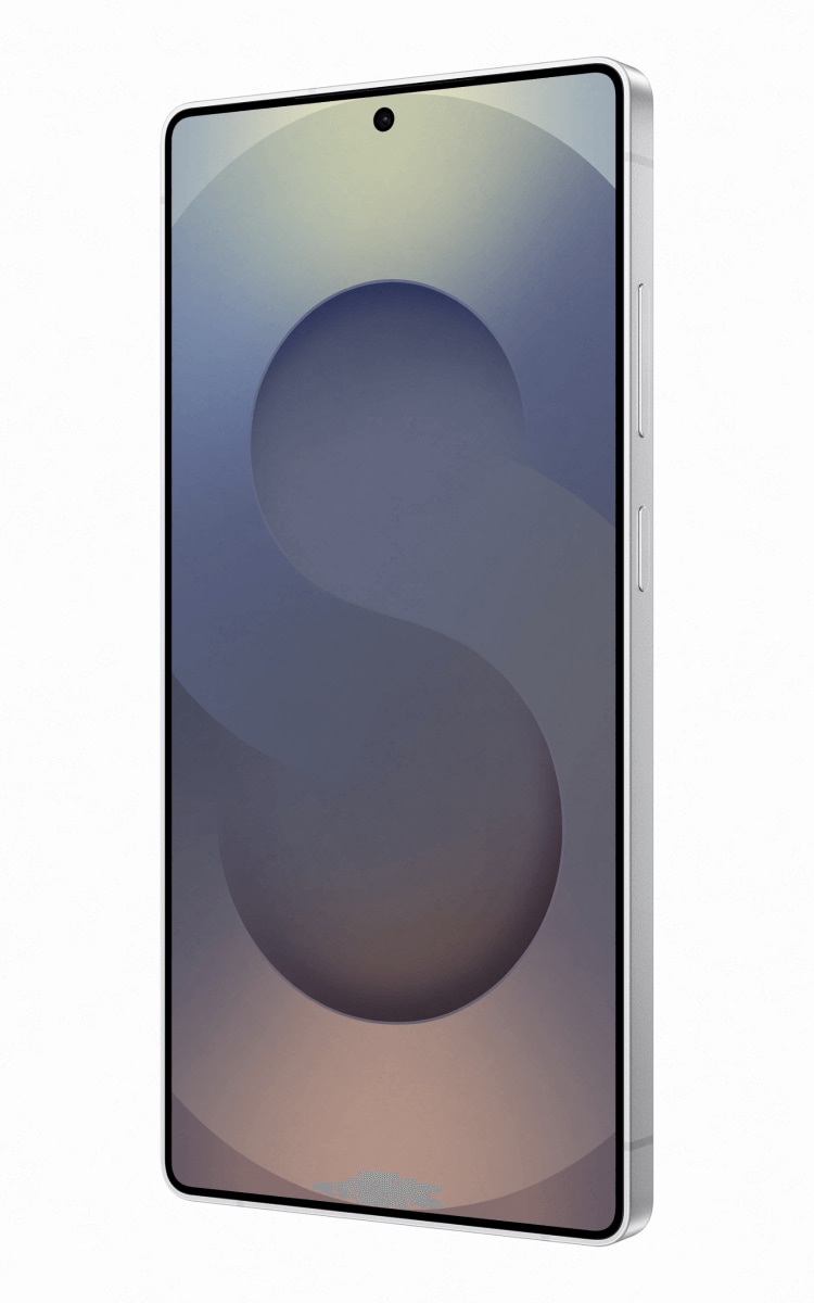Front display of the Samsung Galaxy S25 Ultra in Titanium Silverblue angled towards the right.