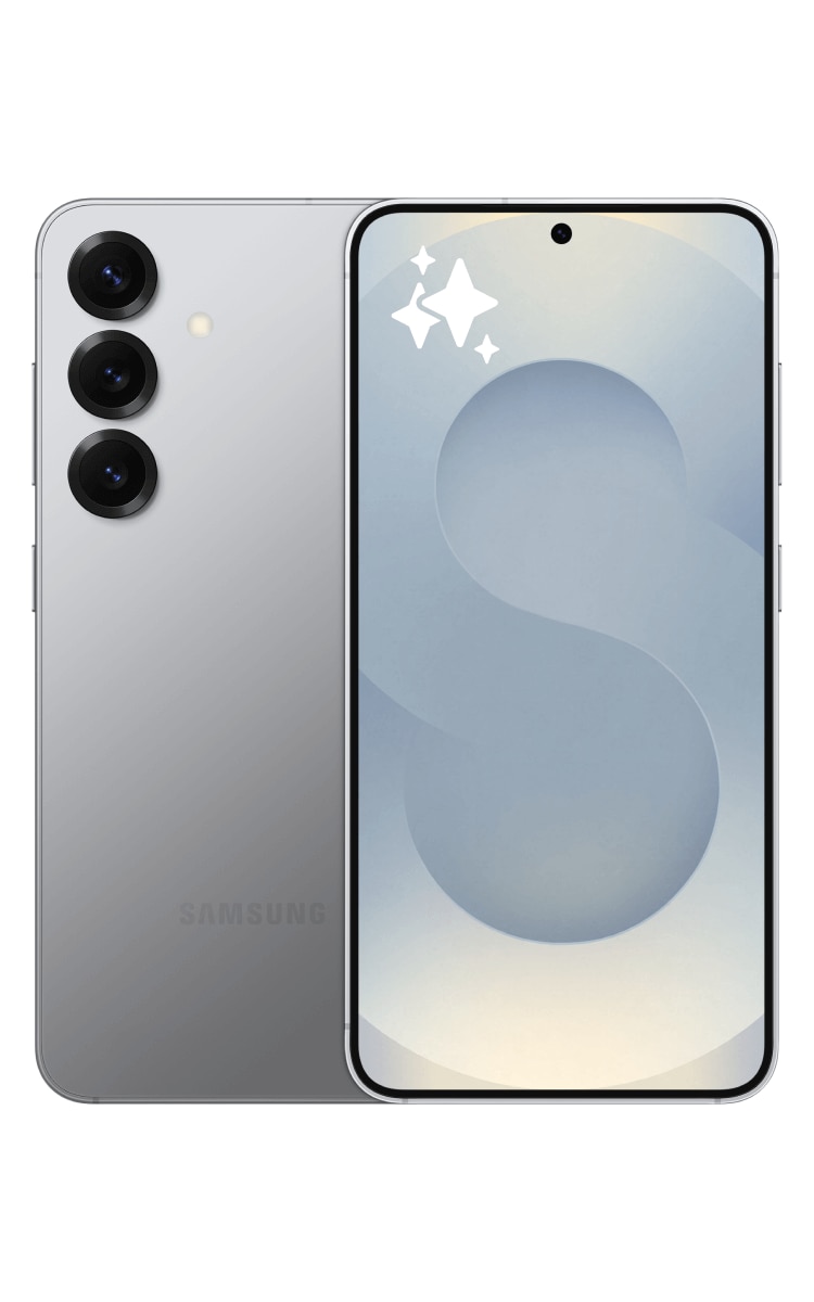 Back and front of the Samsung Galaxy S25 in Silver Shadow, featuring three cameras on the back and Galaxy AI logo on the front.