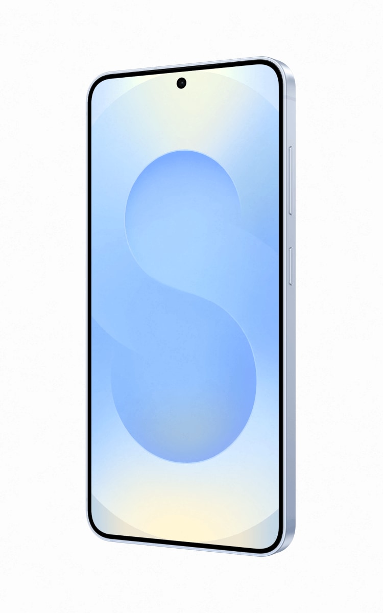 Front display of the Samsung Galaxy S25 in Blue angled towards the right.