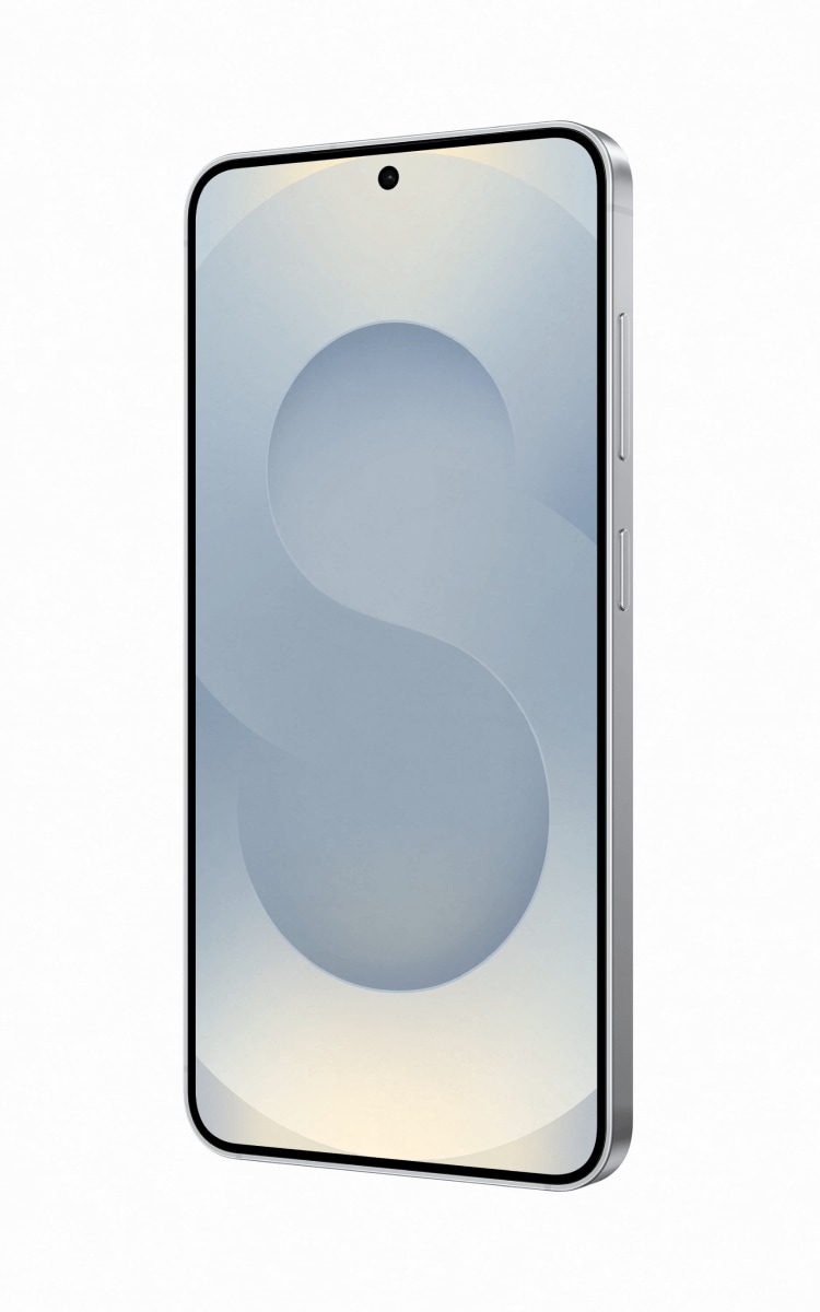 Front display of the Samsung Galaxy S25 in Silver Shadow angled towards the right.