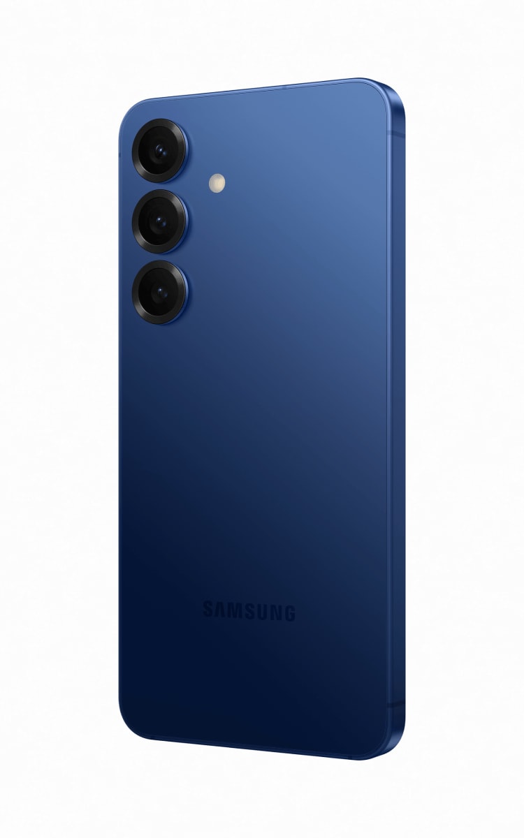 Back of the Samsung Galaxy S25 in Navy angled towards the right.