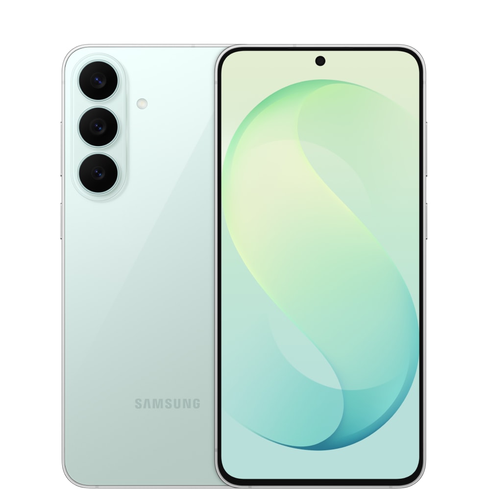 Front and back view of the Samsung Galaxy S26FE smartphone in pistachio colour