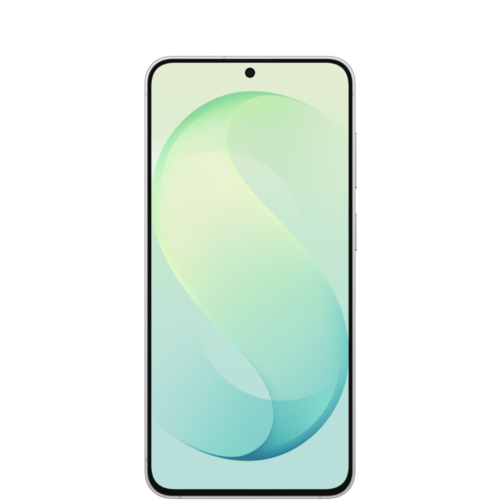 Front view of the Samsung Galaxy S26FE smartphone in pistachio colour