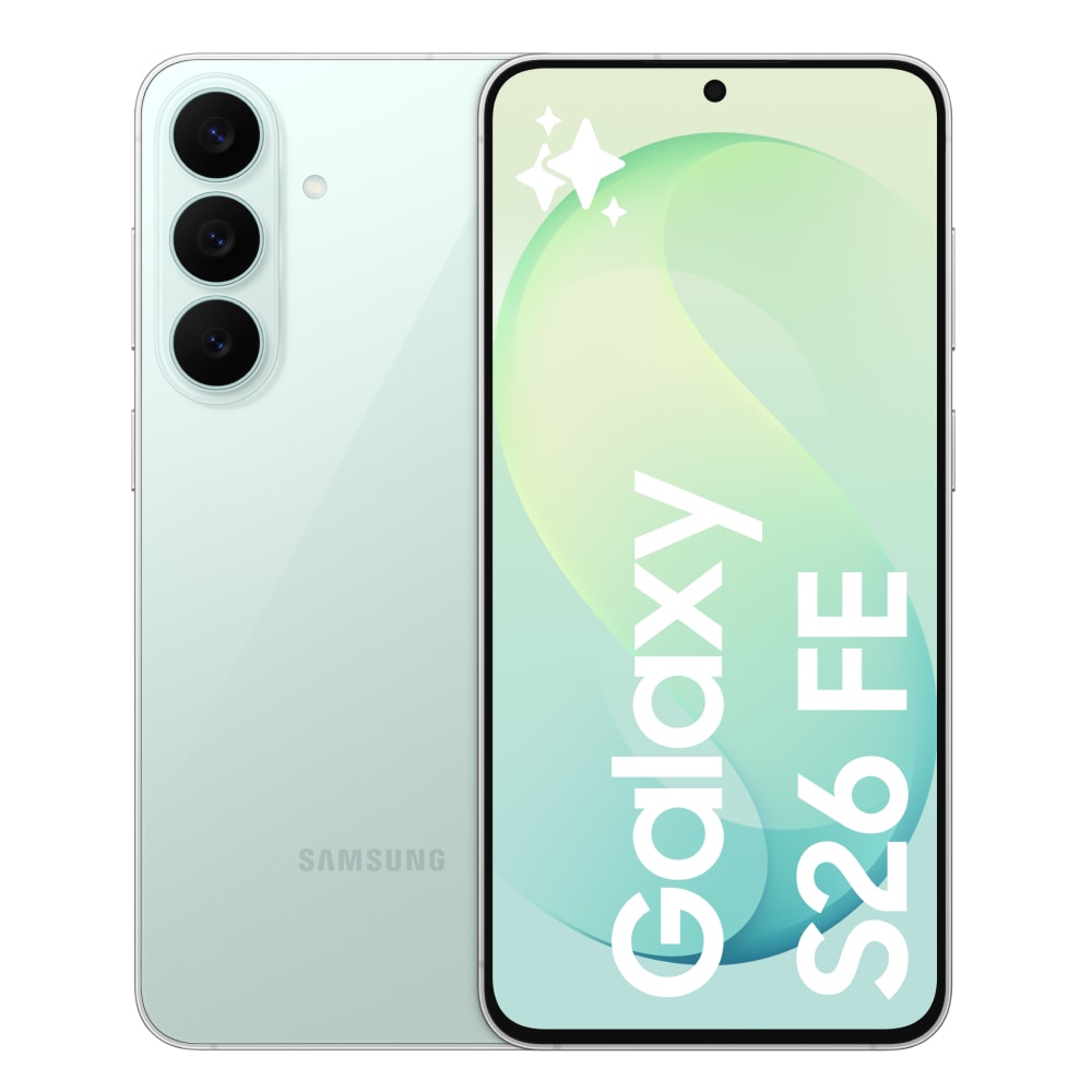 Front and back view of the Samsung Galaxy S26FE smartphone in pistachio colour