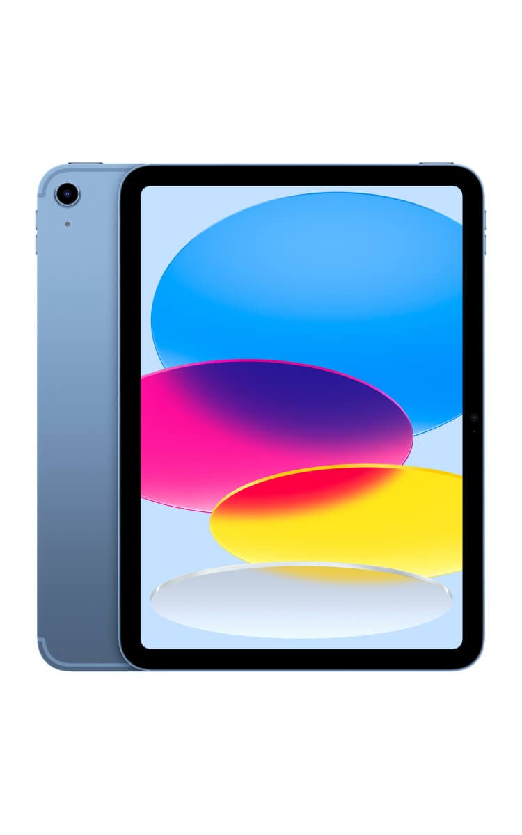Blue Apple iPad 11-inch (A16) with a sleek aluminum body, Liquid Retina display, and thin black bezels. The screen shows a colorful abstract wallpaper. The back features a single-lens camera and an Apple logo.