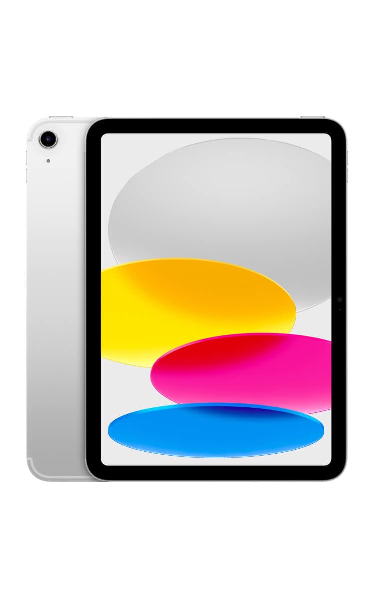 Silver Apple iPad 11-inch (A16) with a sleek aluminum body, Liquid Retina display, and thin black bezels. The screen shows a colorful abstract wallpaper. The back features a single-lens camera and an Apple logo.