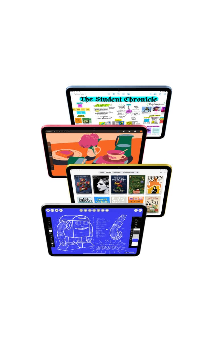 Four Apple iPad 11-inch A16s in different colours displayed at various angles, showcasing different apps such as digital art, note-taking, reading, and design. With iPadOS, run multiple apps at once, use Apple Pencil to write in any text field with Scribble, and edit and share photos. Stage Manager makes multitasking easy.