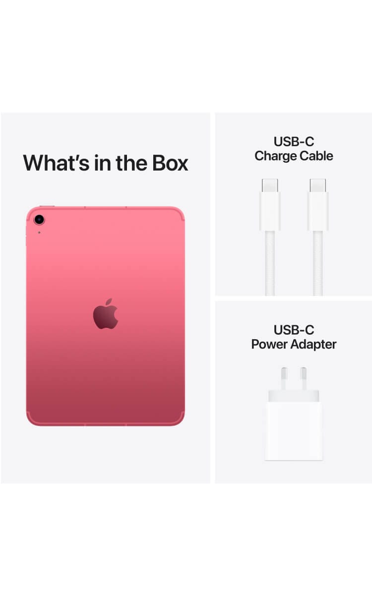 "What's in the Box" heading showing the back of a pink Apple iPad 11-inch (A16), a USB-C charging cable, and a USB-C power adapter.