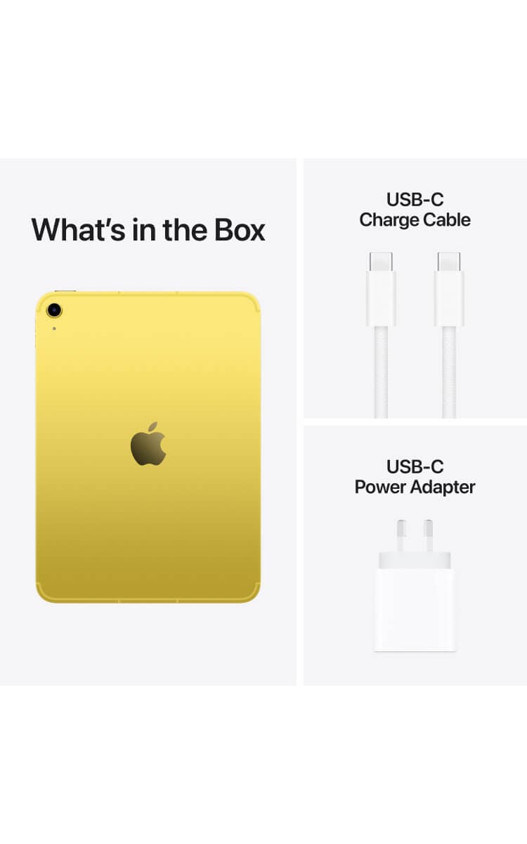 "What's in the Box" heading showing the back of a yellow Apple iPad 11-inch (A16), a USB-C charging cable, and a USB-C power adapter.