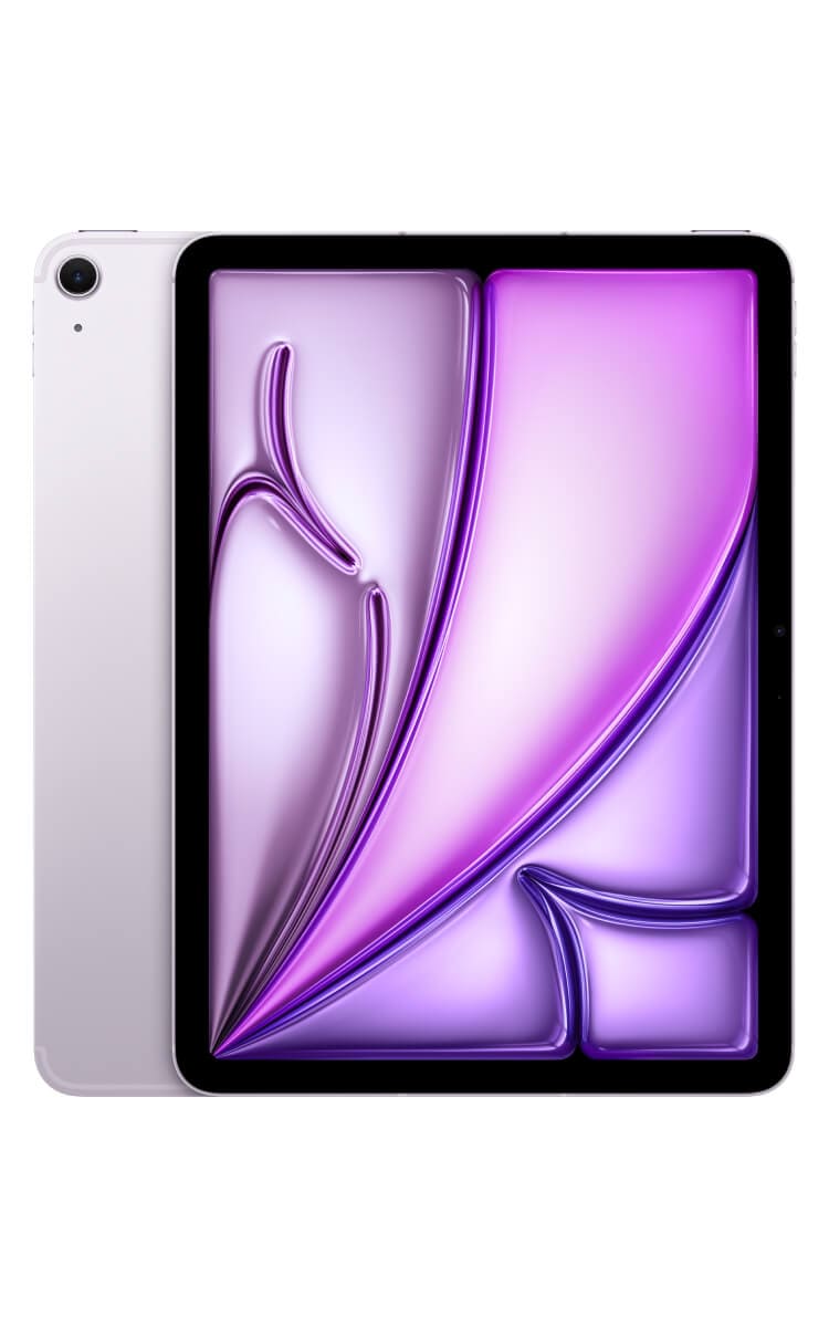 Purple Apple iPad Air 11-inch (M3) with a 12MP camera and 11-inch liquid retina display showing an abstract purple and silver wallpaper.