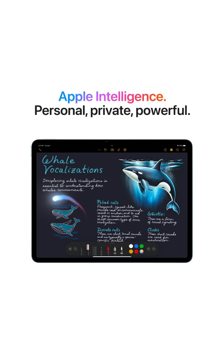 Apple iPad Air 11-inch (M3) displaying a digital notebook with notes, highlighting Apple Intelligence with the tagline "Personal, private, powerful."