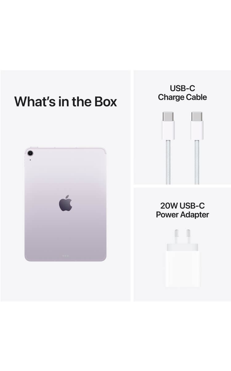 iPad Air 11-inch (M3) Space Grey box contents: Space Grey iPad Air 11-inch (M3), braided USB-C charge cable, and 20W USB-C power adapter for fast charging and connectivity.