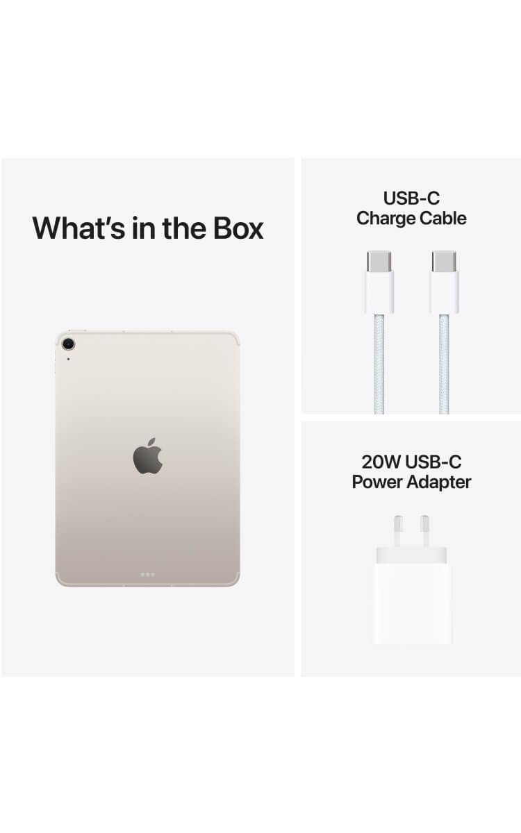 iPad Air 11-inch (M3) Space Grey box contents: Space Grey iPad Air 11-inch (M3), braided USB-C charge cable, and 20W USB-C power adapter for fast charging and connectivity.