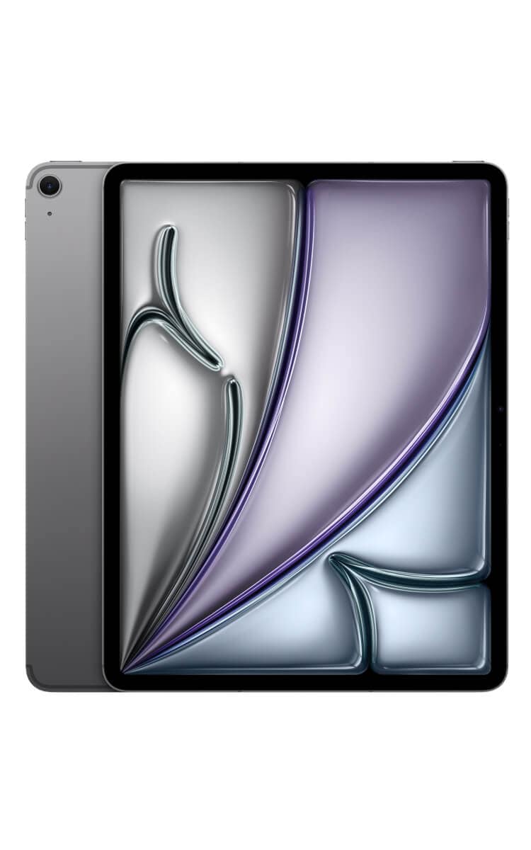 Space Grey Apple iPad Air 13-inch (M3) with a 12MP camera and 13-inch liquid retina display showing an abstract purple and silver wallpaper.