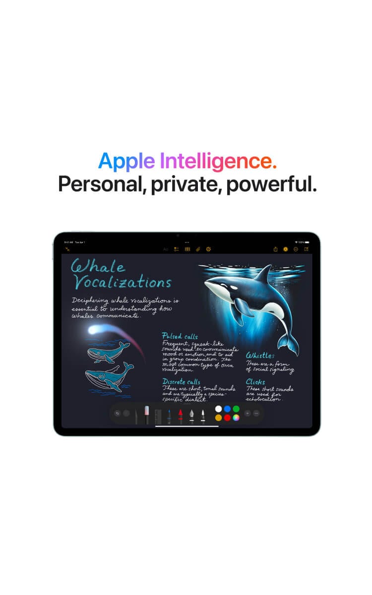 Apple iPad Air 13-inch (M3) displaying a digital notebook with notes, highlighting Apple Intelligence with the tagline "Personal, private, powerful."