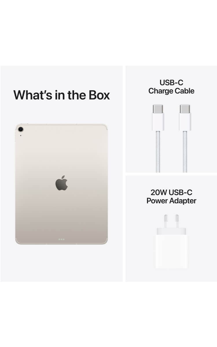 iPad Air 13-inch (M3) Starlight box contents: Starlight iPad Air 13-inch (M3), braided USB-C charge cable, and 20W USB-C power adapter for fast charging and connectivity.