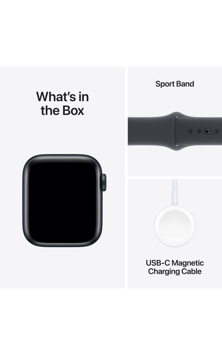 Apple Watch SE (2nd Gen) in Midnight (40mm) showing what's in the box with sport band and USB‑C charging cable