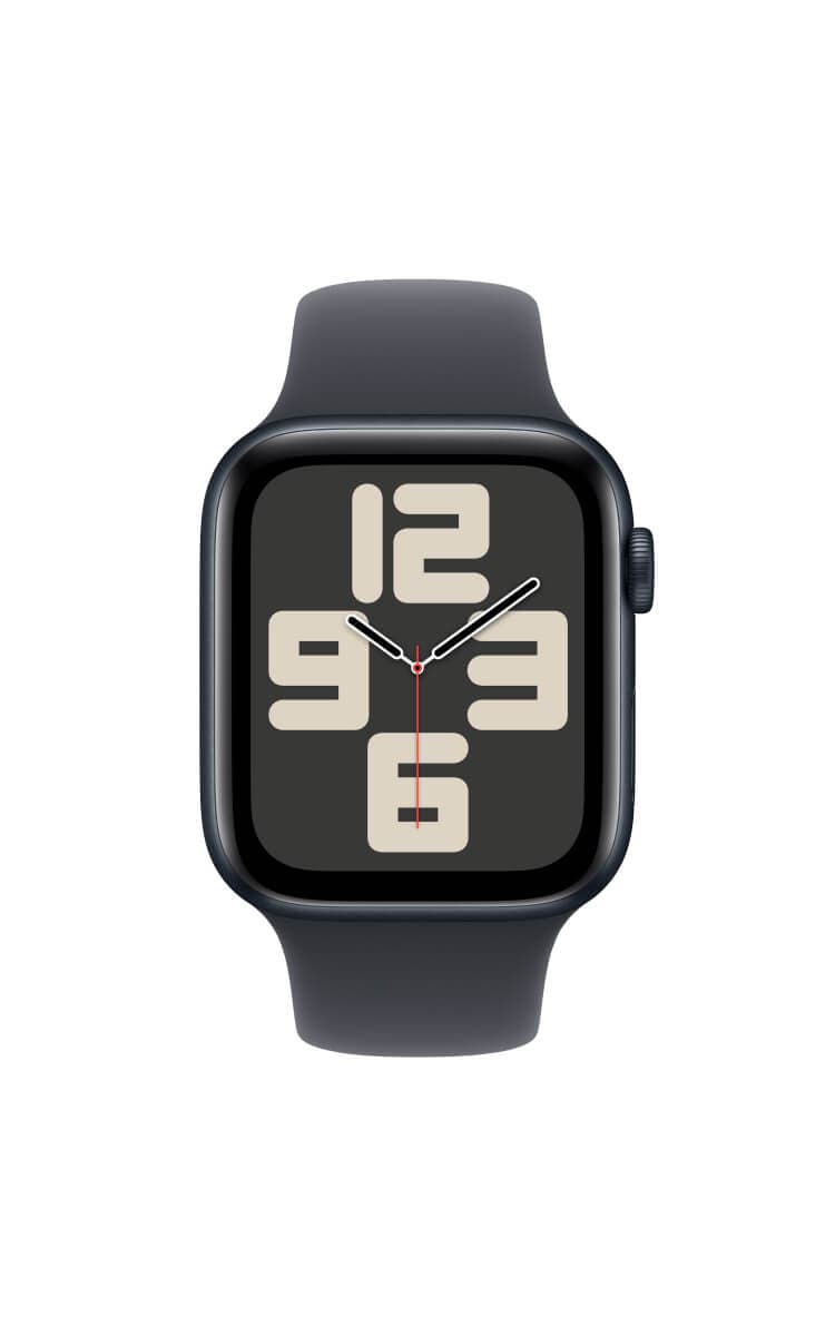 Apple Watch SE (2nd Gen) front view showing black display with stylised numerals and Midnight (44mm) sport band