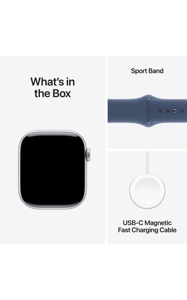 What's in the box for Apple Watch Series 10 in Silver Aluminium: the watch, a Sport Band in Denim, and a USB-C Magnetic Fast Charging Cable.
