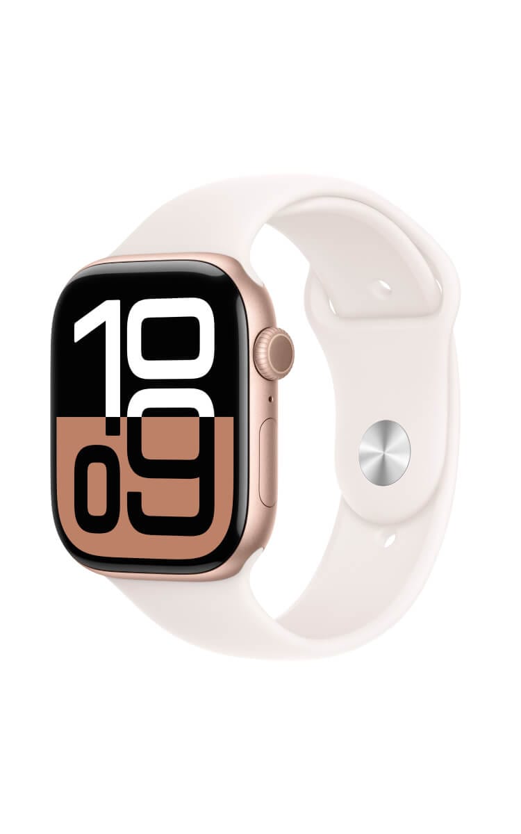 Apple Watch Series 10 in Rose Gold with a Sport Band in Light Blush, shown at an angle displaying a bold digital clock face.