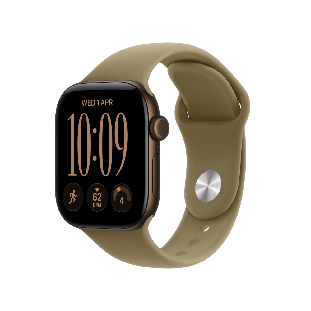Angled view of the Apple Watch Series 12 in Dark Bronze with digital crown dial, side button and a pin-and-tuck closure.
