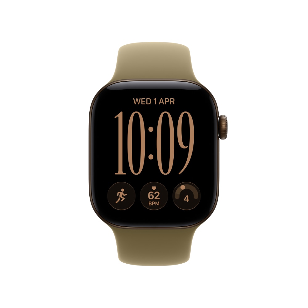 Front view of the Apple Watch Series 12 in Dark Bronze displaying time, date and health metrics on a black background.