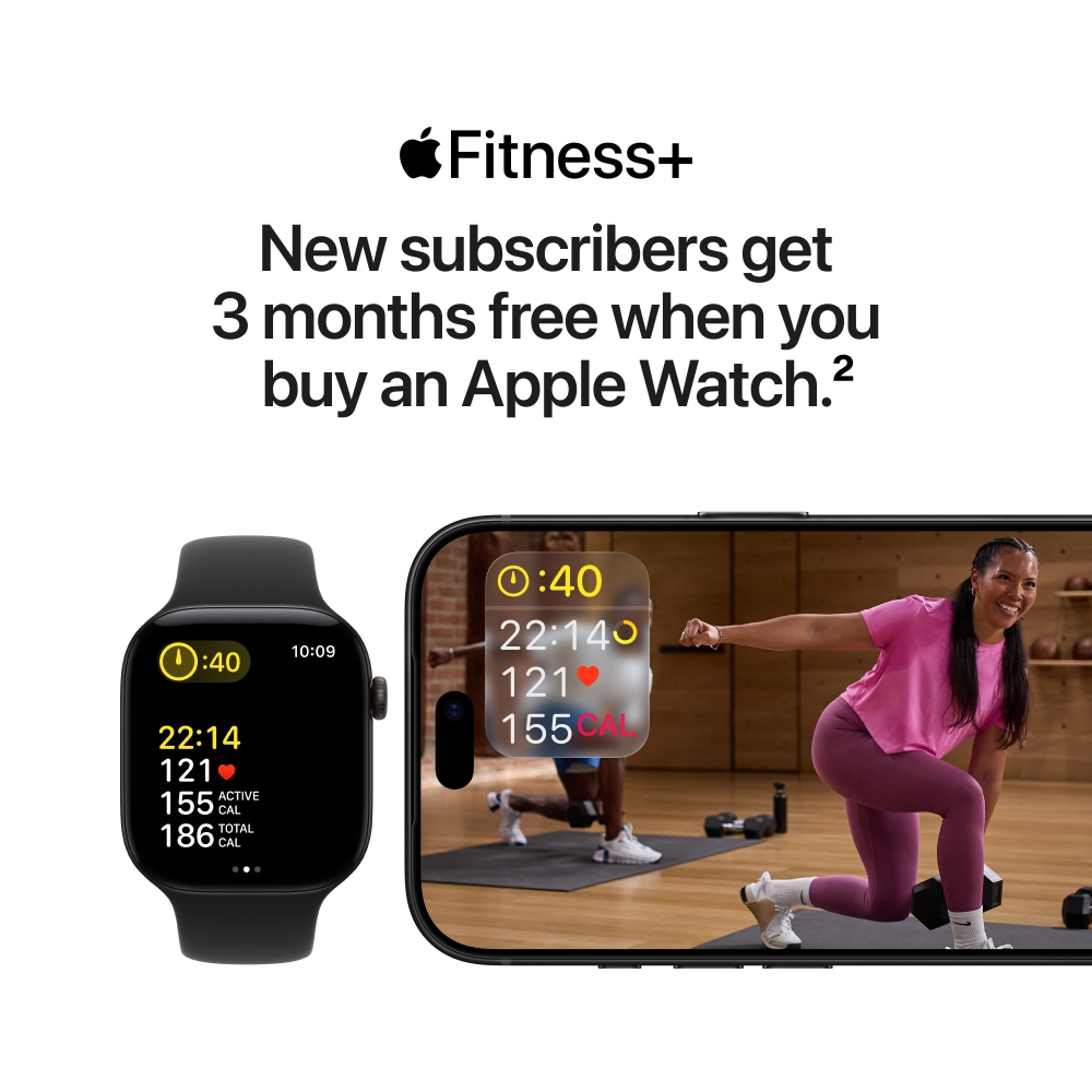 Apple Fitness+ showing workout stats on watch and iPhone screen, with text stating, “New subscribers get 3 months free when you buy an Apple Watch.”(See Terms & Conditions).