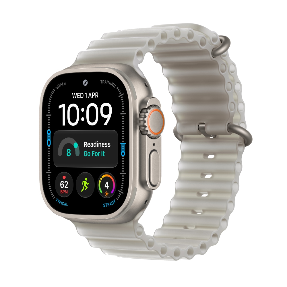 Angled view of the Apple Watch Ultra 4 in Natural Titanium case with Translucent Gray Ocean band.