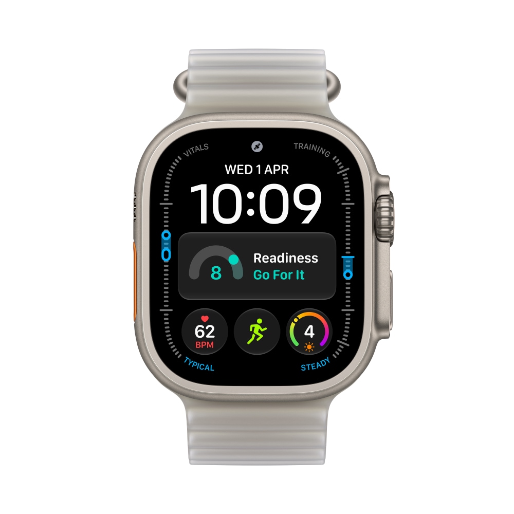 Front view of the Apple Watch Ultra 4 in Natural Titanium case with Translucent Gray Ocean band.