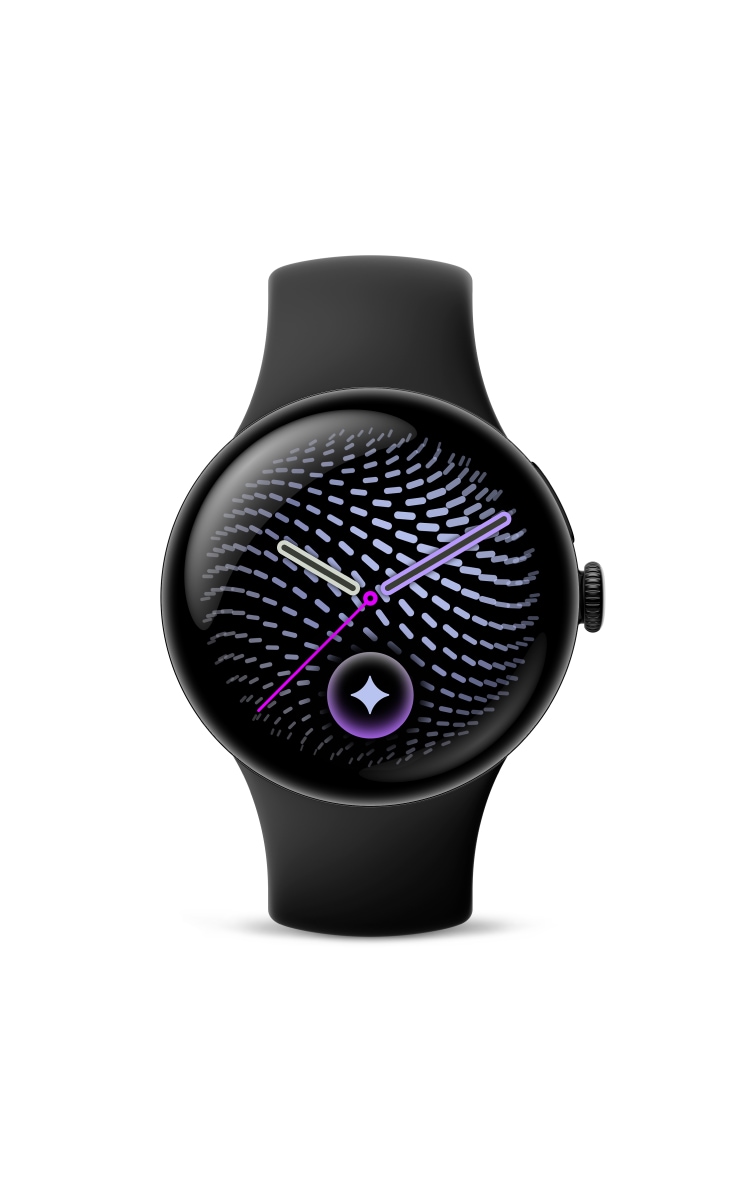 Front view of the Google Pixel Watch 5 in matte black with a round edge-to-edge display showing a purple abstract watch face, black silicone band, and rotating crown.