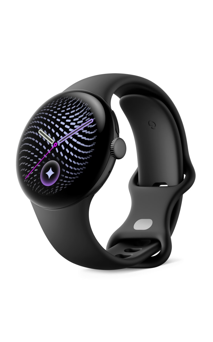 Google Pixel Watch 5 in matte black with a round edge-to-edge display showing a purple abstract watch face, black active band, shown at an angled view.