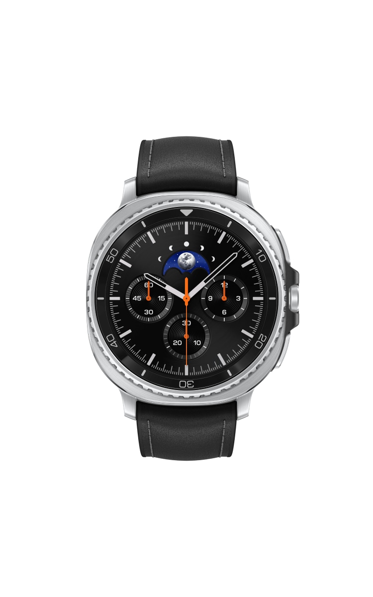 Front view of the Samsung Galaxy Watch8 Classic with a black leather strap, showing an analog watch face with three sub-dials and a moon phase indicator.