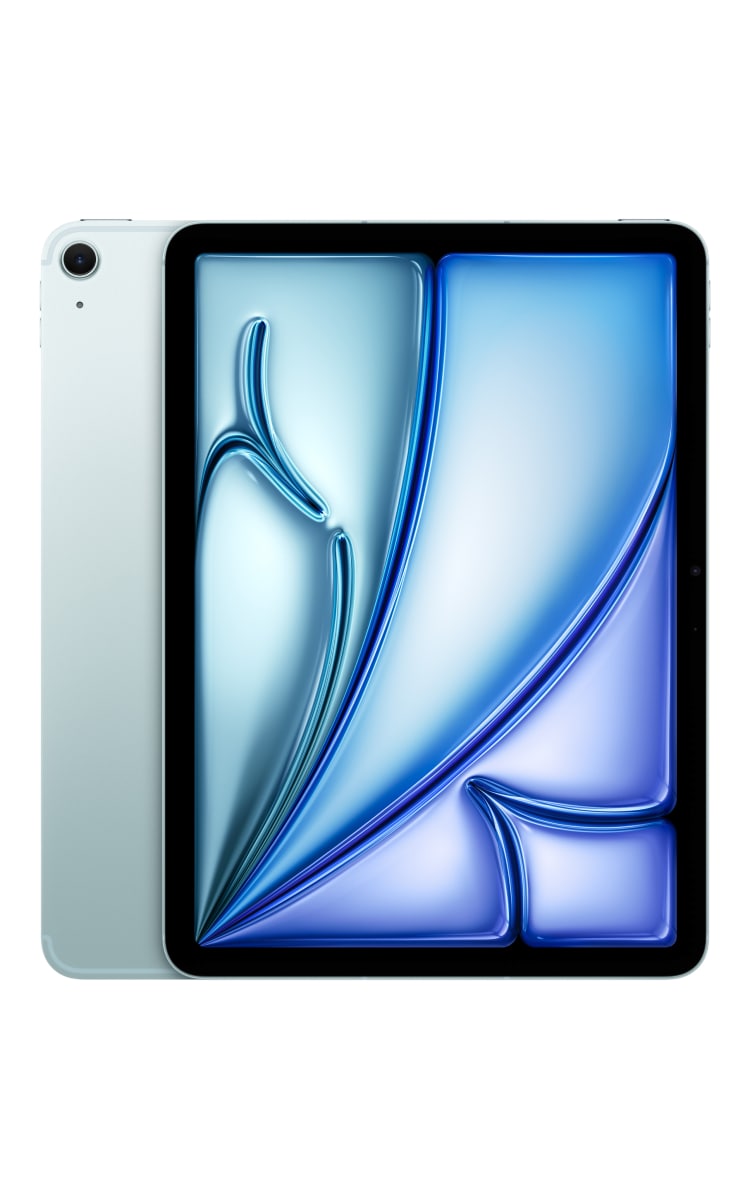 Front and back view of the iPad Air 11-inch (M4) in Blue, showing its rounded‑corner display with a blue abstract design and a single rear camera.