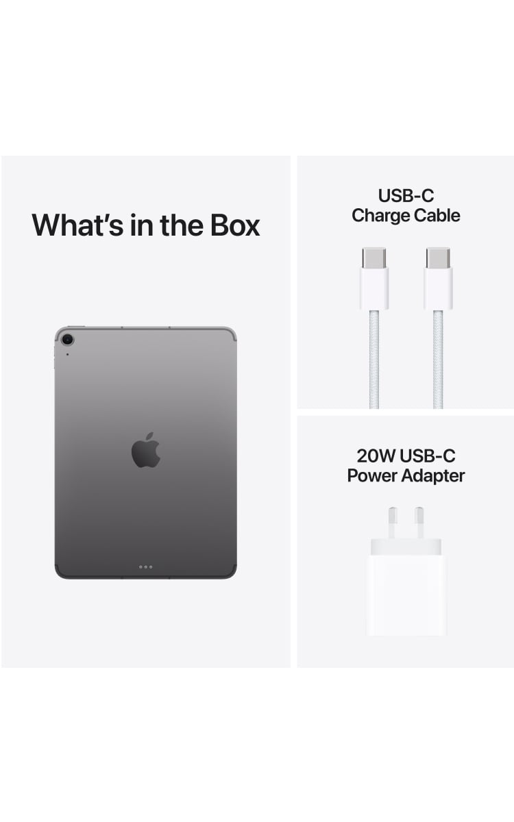 What's in the box: iPad Air 11-inch (M4) in Space Grey, USB-C Charge Cable and 20W USB-C Power Adapter.