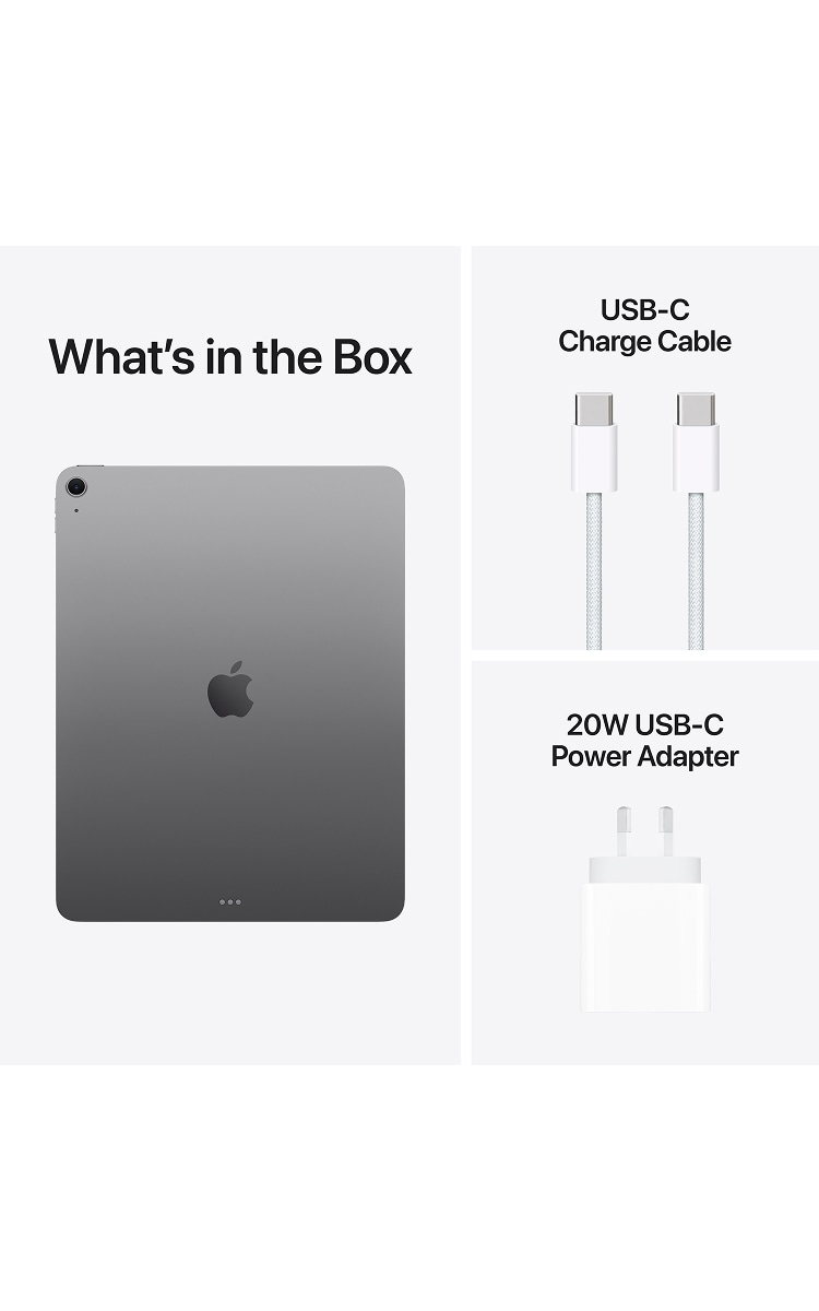 What's in the box: iPad Air 13-inch (M4) in Space Grey, USB-C Charge Cable and 20W USB-C Power Adapter.
