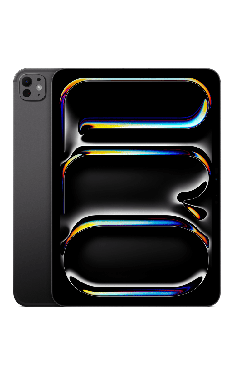 Front and back view of the Apple iPad Pro 11-inch (M5) in space black.