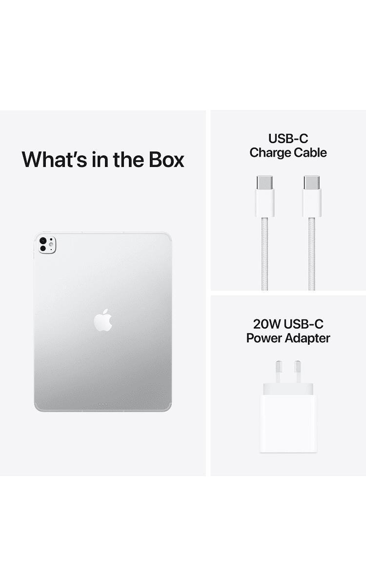 What's in the box:  iPad Pro 13-inch (M5) in silver, USB-C Charge Cable and 20W USB-C Power Adapter.