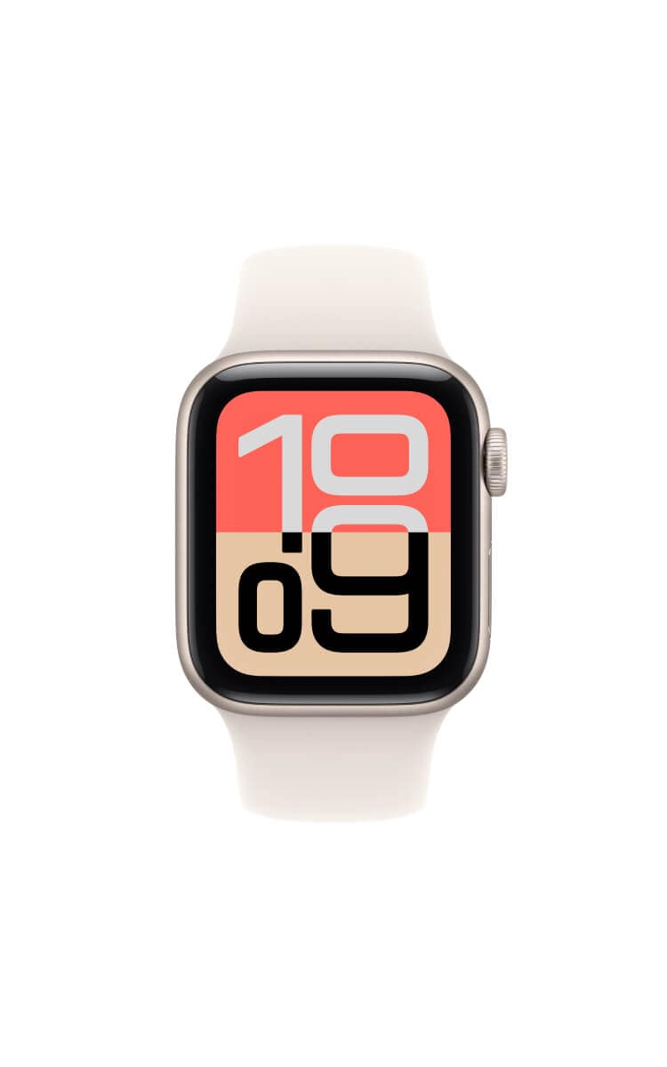 Front view of the Apple Watch SE 3 in Starlight colour with a bold, colorful split-screen digital clock face displaying the time "10:09".