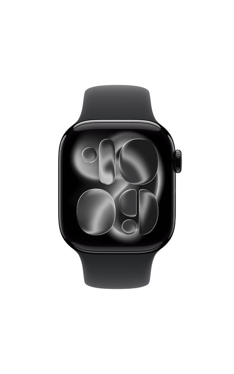 Front view of the Apple Watch Series 11 in Jet Black displaying translucent digits on a black background.