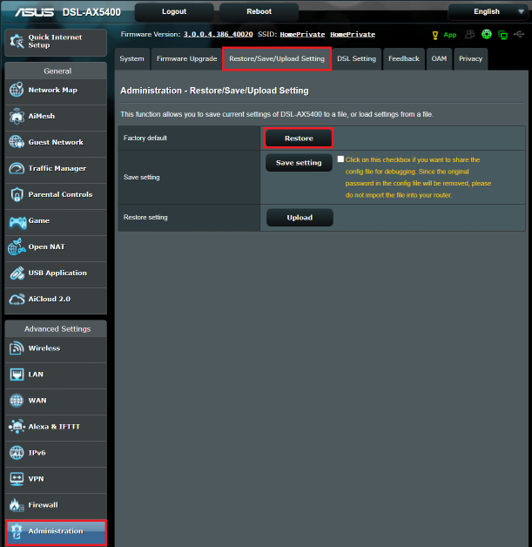 Reset gaming modem GUI 