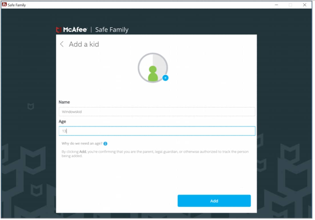 Click to add kids to family profile in McAfee Windows
