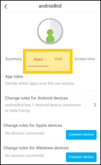 Click Apps or Web section of McAfee app to set up Family Rules