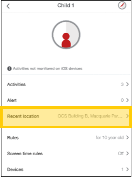 Click recent location to track kids via McAfee App