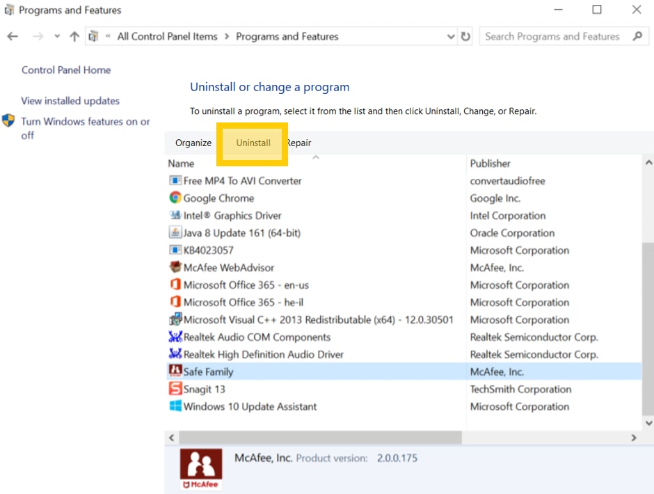 Click to Uninstall McAfee from Windows device