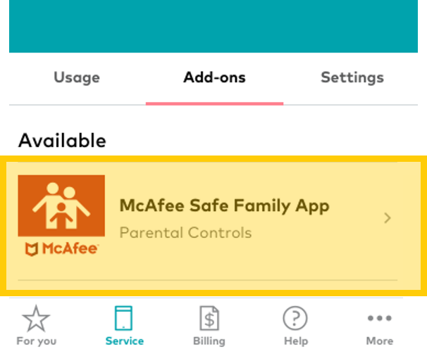 Click to activate the McAfee Safe Family App subscription in My Optus app