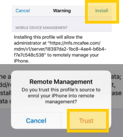 Trust device to finalise configuration of iOS device for McAfee app