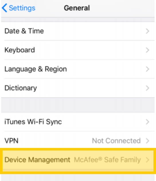 Remove McAfee from iOS device by clicking Device Managment in phone settings