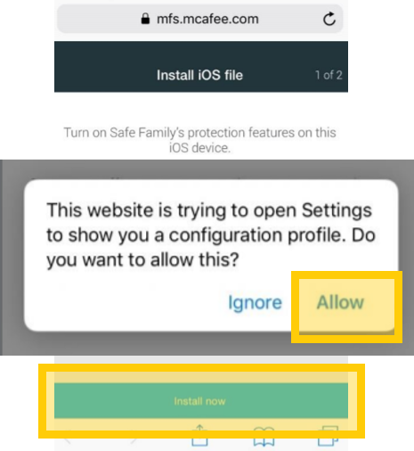 Click allow pop up to configure your iOS device for McAfee app