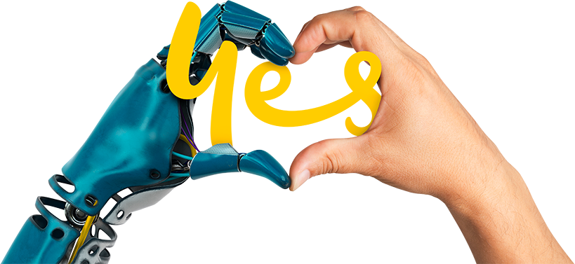 Robot hand and human hand making a heart symbol