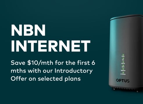 NBN Internet. Save $10/month for the first 6 months with our Introductory Offer on selected plans. The image showcases an Optus modem.